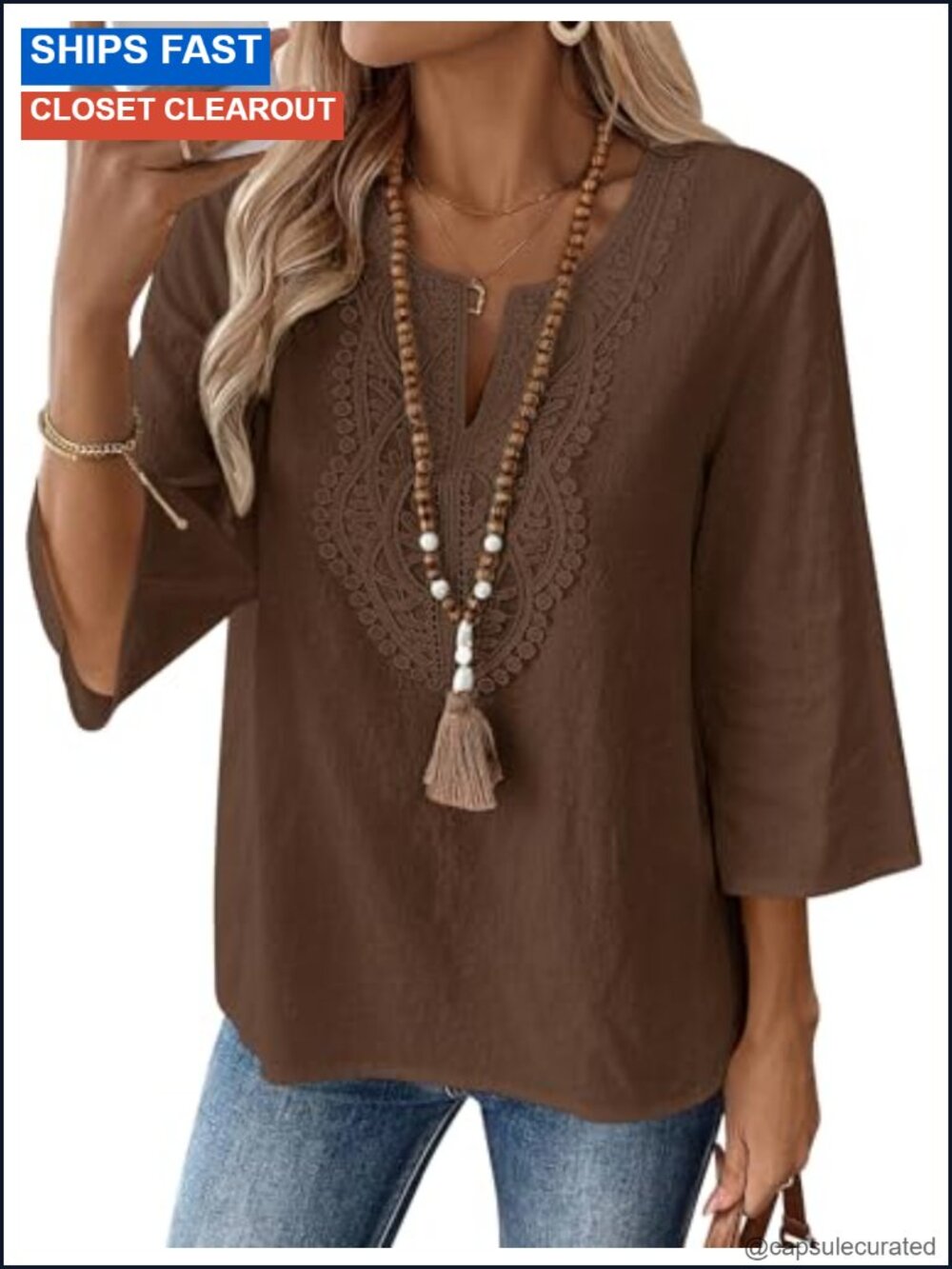 Women's 3/4 Sleeve Linen Cotton Tunic Top V-Neck Lace Blouse